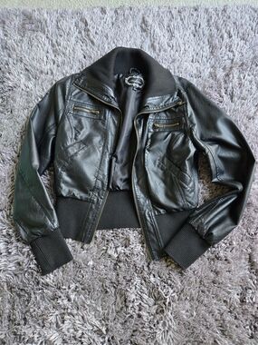 Ambiance Black Women's Faux Leather Bomber Jacket - Classic Ribbed Hem